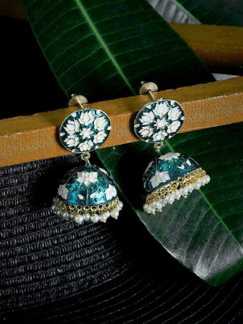 

ZeroKaata Turquoise Blue & White Silver-Plated Meenakari Jhumkas