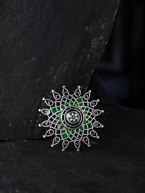 

Studio Voylla Women Oxidised Silver-Plated & Green Enamelled Handcrafted Ring
