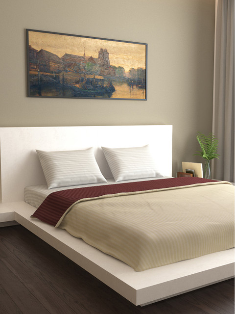 

MARK HOME Cream-Coloured & Maroon Striped AC Room 210 GSM Double Bed Dohar