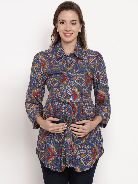 

Mine4Nine Women Blue Printed Maternity Shirt Style Top