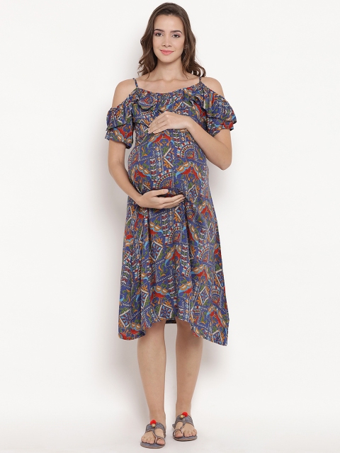 

Mine4Nine Women Blue Printed Fit and Flare Maternity Dress