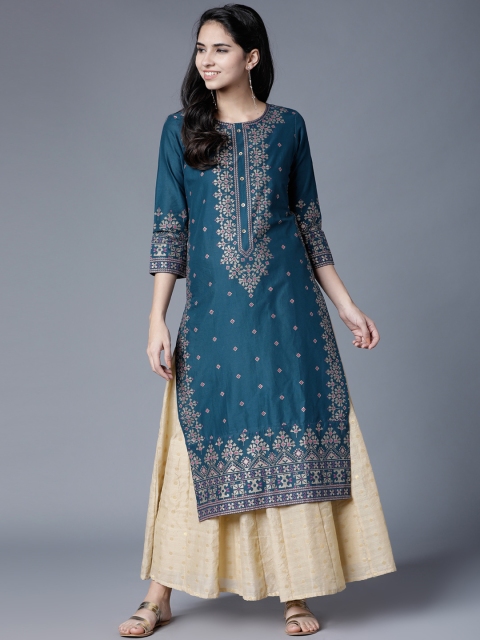 

Folklore Women Sea Green Printed Straight Kurta