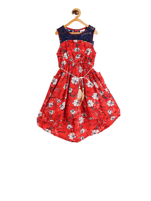 

612 league Girls Red Printed Fit and Flare Dress