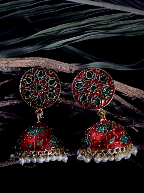 

ZeroKaata Red & Gold-Toned Dome Shaped Meenakari Jhumkas