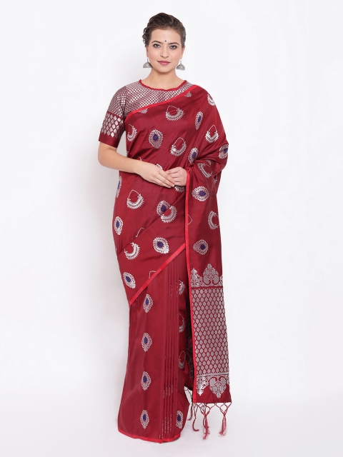 

Kvsfab Maroon & Silver-Toned Silk Blend Woven Design Saree