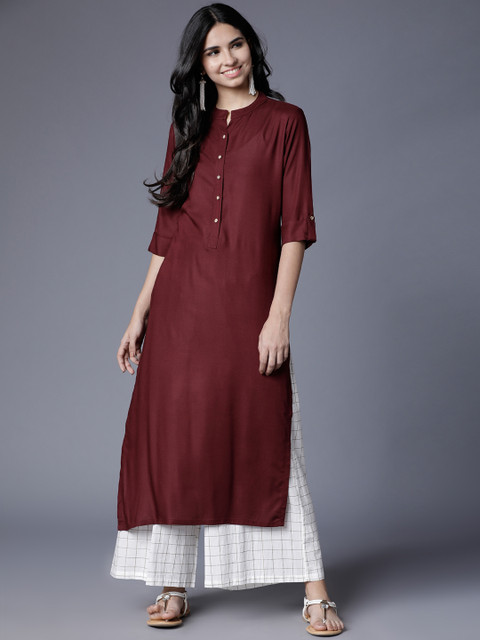

Folklore Women Maroon Solid Straight Kurta