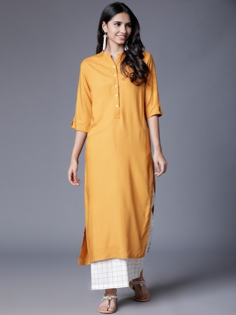 

Folklore Women Yellow Solid Straight Kurta