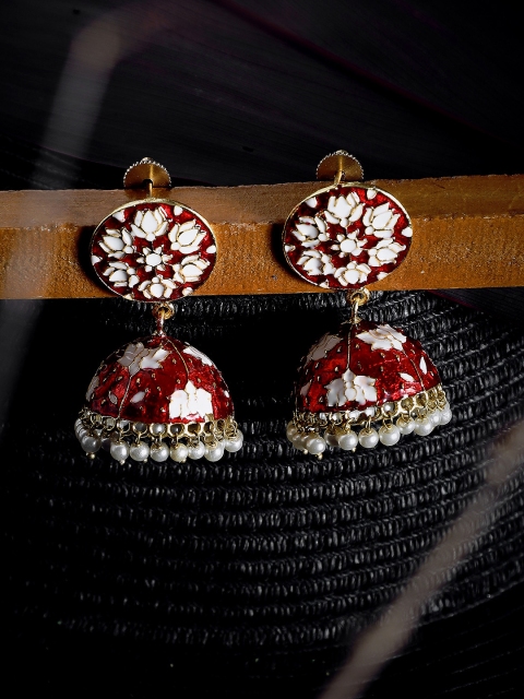 

ZeroKaata Red & Gold-Toned Dome Shaped Meenakari Jhumkas