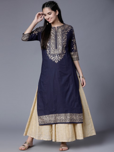 

Folklore Women Navy Blue Printed Straight Kurta