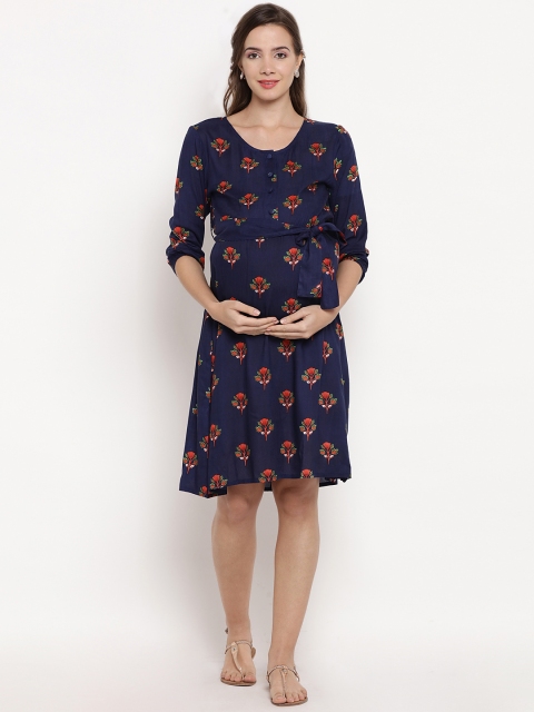 

Mine4Nine Women Navy Blue Printed Maternity Fit and Flare Dress