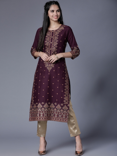 

Folklore Women Purple & Gold-Colored Printed Straight Kurta