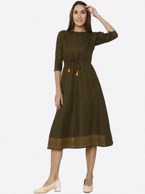 

RAISIN Women Olive Green Printed Fit and Flare Dress