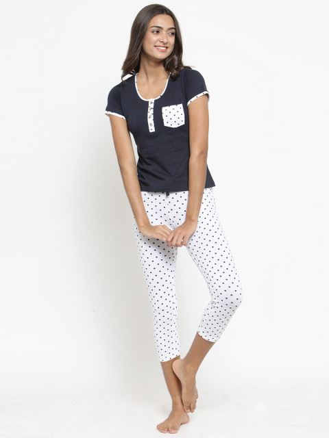 

Slumber Jill Women Navy Blue & White Solid Night suit FWSJ404