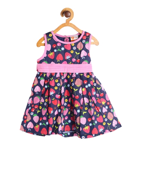 

612 league Girls Navy Blue Printed Fit and Flare Dress