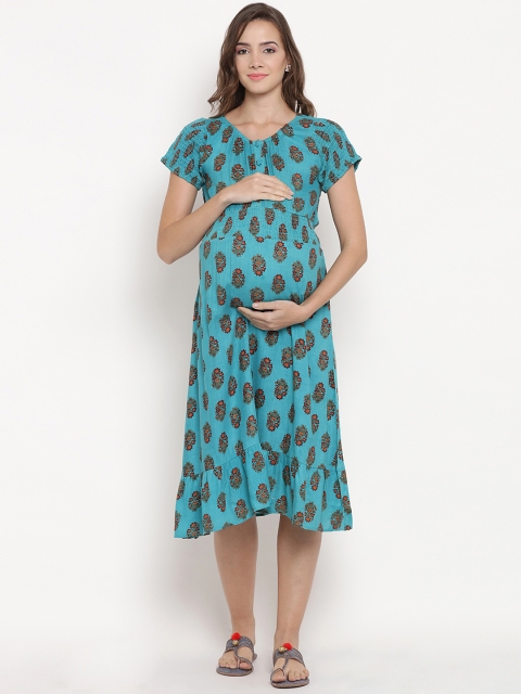 Mine4Nine Women Green Printed Fit and Flare Maternity Dress