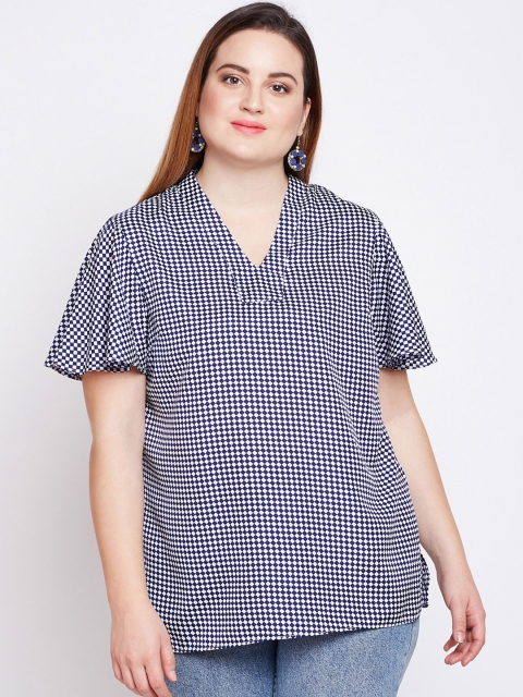 

NuBella Plus Size Women Navy Blue White Printed A-Line Top