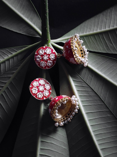 

ZeroKaata Silver-Plated & Meenakari Dome Shaped Jhumkas, Pink