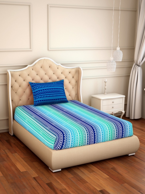 

CORE Designed by SPACES Blue & Green 144 TC Cotton 1 Single Bedsheet with 1 Pillow Cover