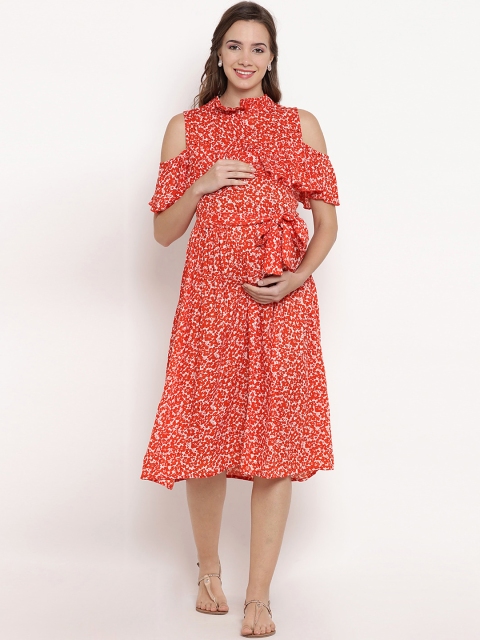 

Mine4Nine Women Orange Printed Maternity Fit and Flare Dress
