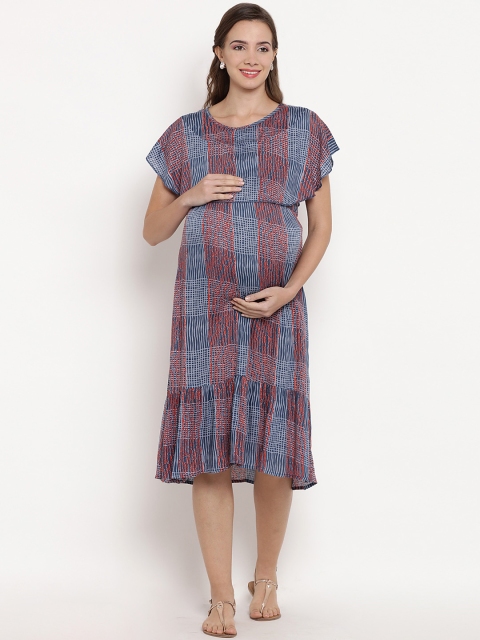 

Mine4Nine Women Maroon & Blue Checked Maternity Fit and Flare Dress