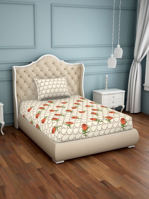 

SPACES Red & Beige Floral 180 TC Cotton 1 Single Bedsheet with 1 Pillow Covers