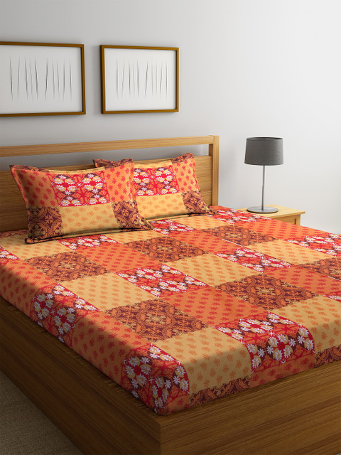 

BOMBAY DYEING Orange Floral 104 TC Cotton 1 Queen Bedsheet with 2 Pillow Covers