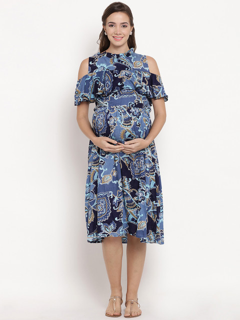 

Mine4Nine Women Blue Printed Maternity Fit and Flare Dress