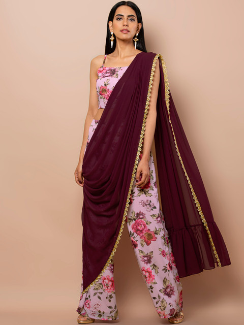 

INDYA Women Pink Straight Printed Palazzos with Attached Dupatta