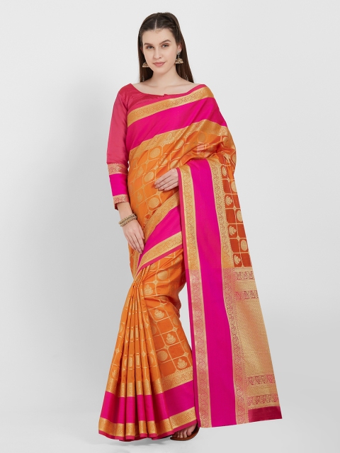 

Viva N Diva Orange Silk Blend Checked Maheshwari Saree