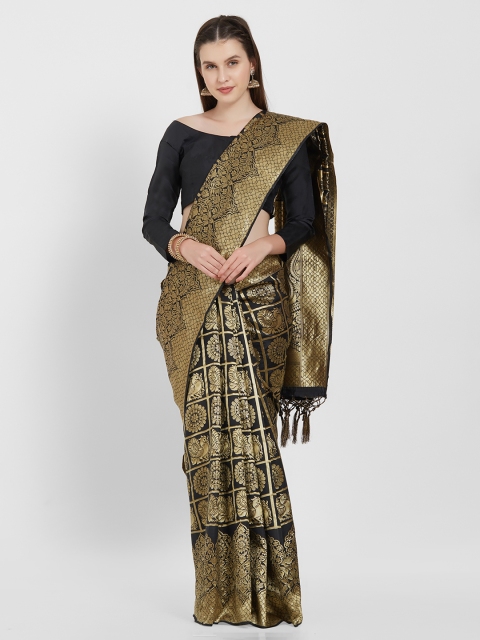 

Viva N Diva Black & Gold-Toned Silk Blend Checked Kanjeevaram Saree