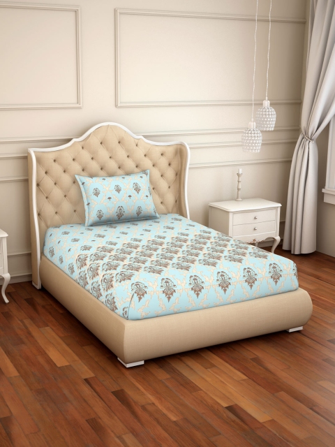 

SPACES Blue & Brown Floral 180 TC Cotton 1 Single Bedsheet with 1 Pillow Cover