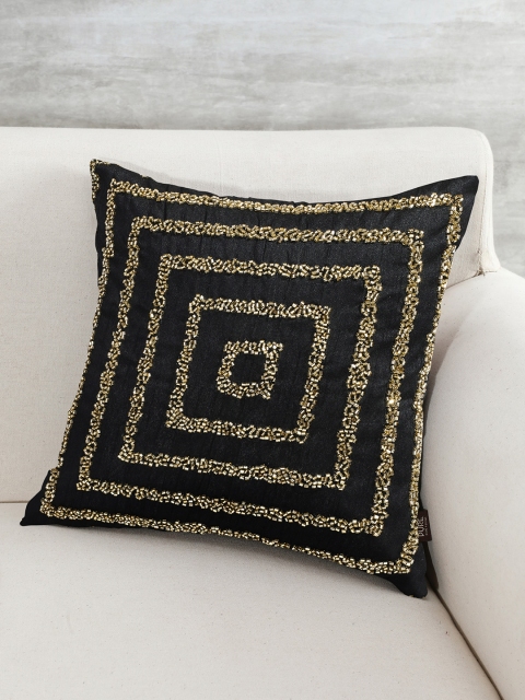 

Pure Home and Living Black Beaded Cushion Cover with Golden Maze Motif
