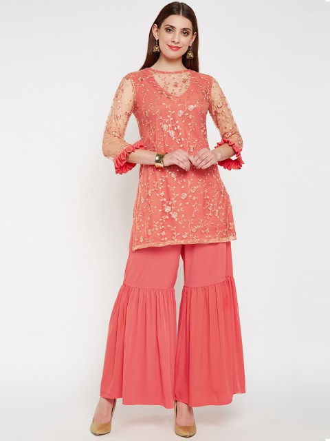 

studio rasa Women Coral Pink Embroidered Kurti with Sharara