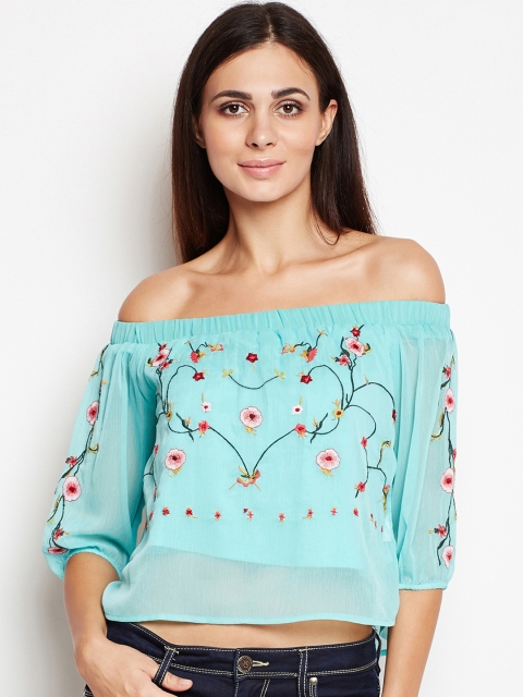

Oxolloxo Women Turquoise Blue Printed Bardot CropTop