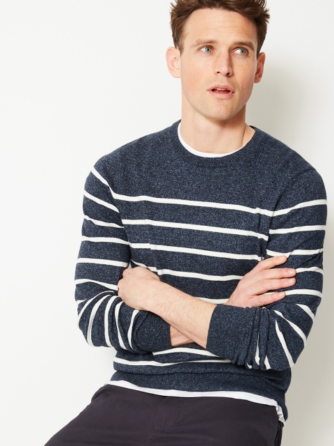 

Marks & Spencer Men Navy Blue & Off-White Striped Sweater