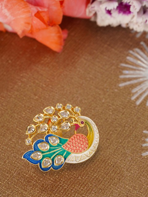 

Priyaasi Women Gold-Plated & Multicoloured Enamelled Kundan-Studded Peacock-Shaped Finger Ring