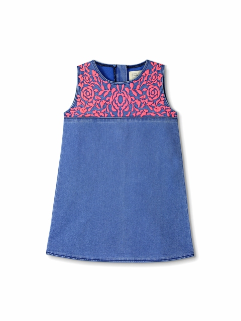 

Cherry Crumble Girls Blue Printed Denim A-Line Dress