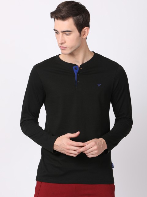 

Blue Saint Men Black Solid Henley Neck T-shirt