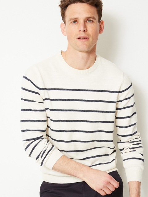 

Marks & Spencer Men Cream-Coloured Striped Sweater