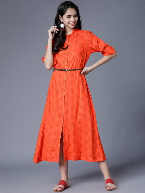 

Vishudh Women Orange Printed Shirt Dress
