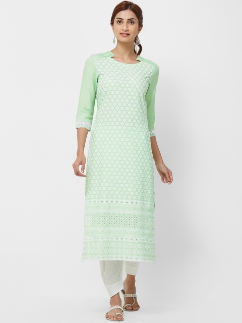 

Naari Women Green & White Embroidered Straight Kurta