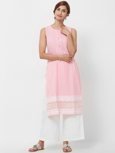 

Naari Women Pink & White Solid Pure Cotton Straight Pure Cotton Kurti