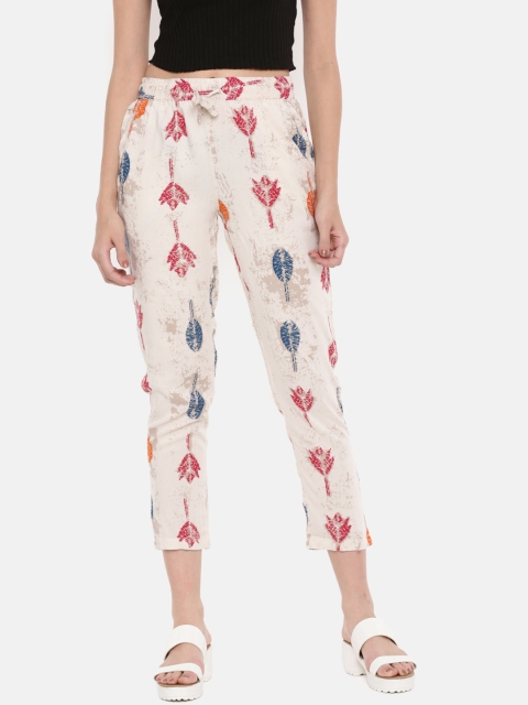 

De Moza Women Beige Straight Fit Printed Cigarette Trousers