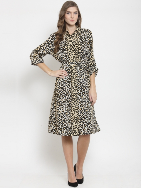 Purple State Women Beige & Black Animal Printed Shirt Dress