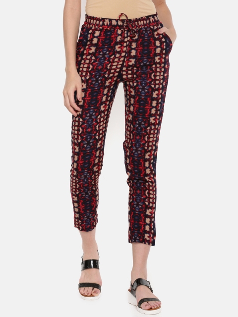 

De Moza Women Blue & Red Straight Fit Printed Cigarette Trousers