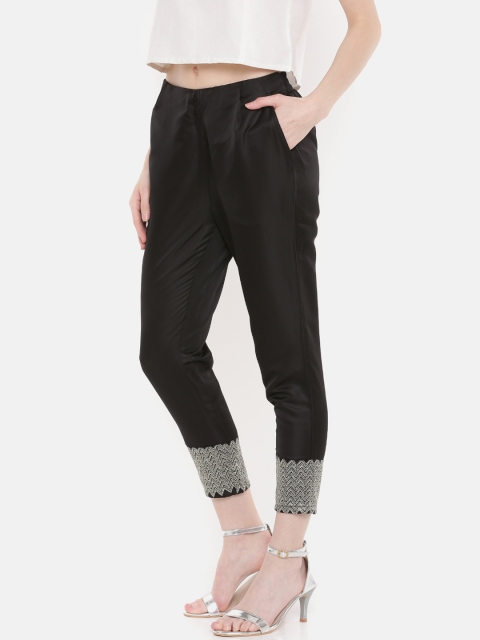 

De Moza Women Black Straight Fit Embroidered Cigarette Trousers