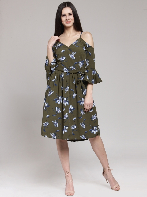 

plusS Women Olive Green Printed A-Line Dress