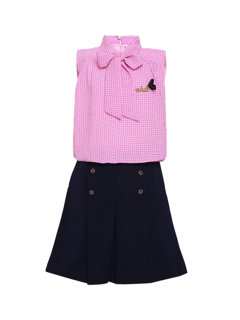

Aarika Girls Blue & Pink Printed Blouson Dress