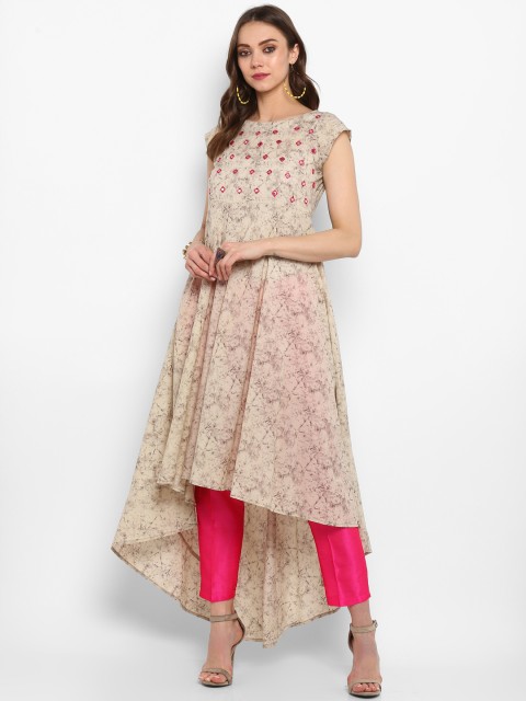 

MBE Women Beige Embroidered & Printed A-Line Kurta