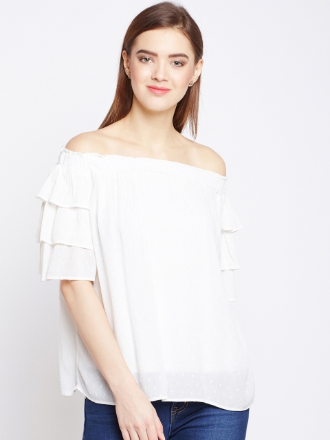 Oxolloxo Women White Solid Bardot Top